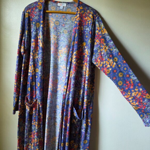 EUC LULAROE FLORAL LONG DUSTER OPEN LINEN BLEND CARDIGAN SIZE XL - Picture 4 of 14